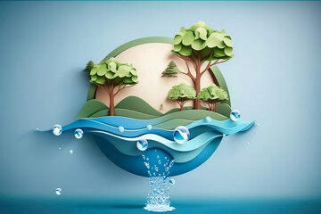 Paper art , Saving water and world Environment day , Ecology and world water day , environmental protection and save earth water , Generate Ai