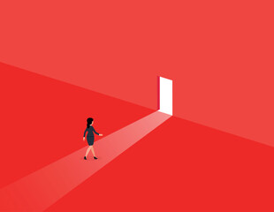 Success Way and freedom. Business woman walking to the exit through an open door.