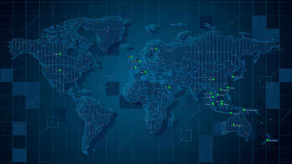 Modern tech World map 2Cool blue Abstrak technologi vector tech Stylized modern world map background Stylized wireframe and dots for data visualization and infographics HUD GUI UI © yisar
