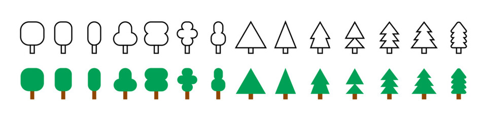 Tree flat and line icons set. Vector illustration isolated on white background.