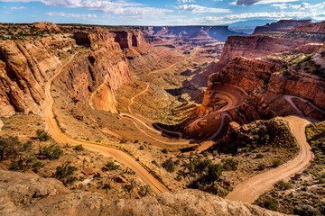 The White Rim Road and Shafer Trail winding up the steep canyon in Canyonlands National Park, Utah, United States