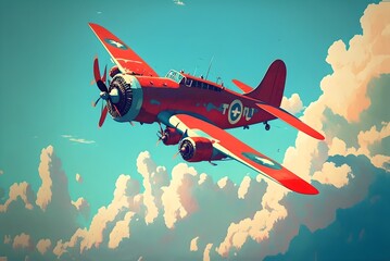 Fototapeta na wymiar red vintage plane flying in the blue sky, digital art style, generative AI