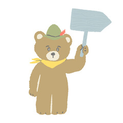 Cute hand drawn illustration of a bear wearing a green Tyrolean hat holding a sign / 緑のチロリアンハットをかぶった熊が看板をもっている かわいい手描きイラスト