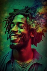 Cannabis 420 Culture: A Beautiful Artistic Designer Portrait of African American Man Adventuring Happily with Weed Marijuana with Colorful Psychedelic Smoke Background (generative AI