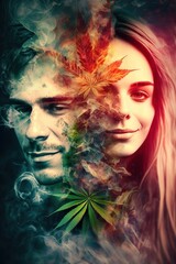 Cannabis 420 Culture: A Beautiful Artistic Designer Portrait of Caucasian Men and Women Adventuring Happily with Weed Marijuana with Colorful Psychedelic Smoke Background (generative AI