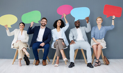 Diversity, business people and speech bubbles for social media, recruitment and feedback in workplace. Multiracial, happy employees and coworkers with happiness, interview or collaboration for survey - obrazy, fototapety, plakaty