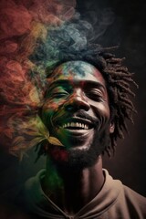 Obraz premium Cannabis 420 Culture: A Beautiful Artistic Designer Portrait of Multiracial Man Adventuring Happily with Weed Marijuana with Colorful Psychedelic Smoke Background (generative AI