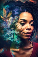 Cannabis 420 Culture: A Beautiful Artistic Designer Portrait of Multiracial Woman Adventuring Happily with Weed Marijuana with Colorful Psychedelic Smoke Background (generative AI