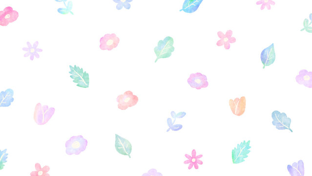 Random pattern background of pop flowers and leaves Cute hand-painted watercolor illustration / ポップな花と葉っぱのランダムな模様の背景 春と夏 かわいい手描きの水彩イラスト