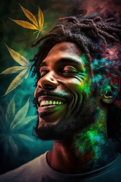 Cannabis 420 Culture: A Beautiful Artistic Designer Portrait of Multiracial Man Adventuring Happily with Weed Marijuana with Colorful Psychedelic Smoke Background (generative AI