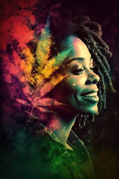 Cannabis 420 Culture: A Beautiful Artistic Designer Portrait of Multiracial Woman Enjoying Happiness and Adventure Inhaling Weed, Hemp, THC, Sativa, and Marijuana (generative AI) © Get Stock