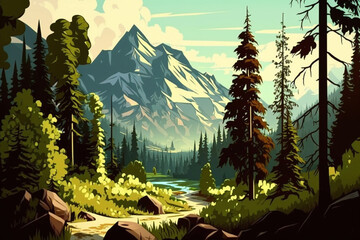 Mountain and Forest - Landscape Painting - Temperate - by Generative AI