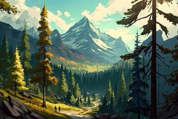 Mountain and Forest - Landscape Painting - Temperate - by Generative AI - obrazy, fototapety, plakaty