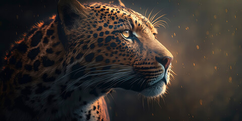 This photograph beautifully captures a leopard in sharp focus against a background of natural light flares and bokeh. AI-Generated