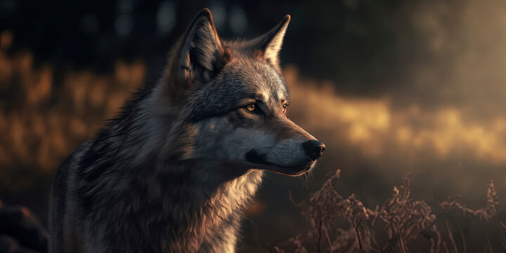 This photograph beautifully captures a wolf in sharp focus against a background of natural light flares and bokeh. AI-Generated