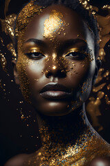 Editorial photography, black woman, dripping in gold and glitter. AI-Generated