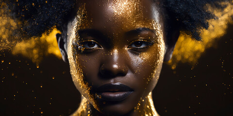 black woman, dripping in gold and glitter, looking at camera. AI-Generated