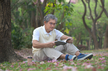 Naklejka na ściany i meble old man with grey hair wears glasses sitting under a tree and reading a book in forest park, mature male spend his free time in nature, concept of elderly lifestyle in nature,hobbies,relaxing,resting