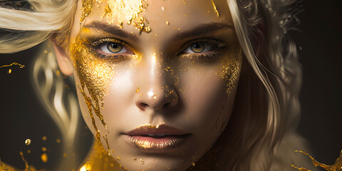 Editorial photography, blonde woman, dripping in gold and glitter. AI-Generated