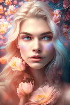 Editorial photography, blonde woman, inspired by celestial holographic iridescent peach blossoms. AI-Generated