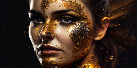 portrait pretty female model with golden paint covering her face 8k photographic style professional fashion portrait photography. AI-Generated