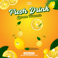 Fresh Lemon Drink Promotion Flyer Design for Social Media Post Template. Instagram and Facebook Banner