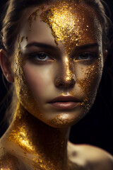 Editorial photography, Caucasian young attractive woman, dripping in gold and glitter. AI-Generated