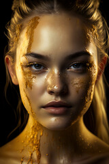 Editorial photography, Caucasian young attractive woman, dripping in gold and glitter. AI-Generated