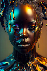 Editorial photography of black woman, dripping in metal lacquer neon sci - fi liquid glass, psychedelic dmt, iridescent mask. AI-Generated