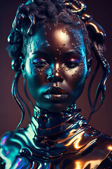 Editorial photography of black woman, dripping in metal lacquer neon sci - fi liquid glass, psychedelic dmt, iridescent mask. AI-Generated