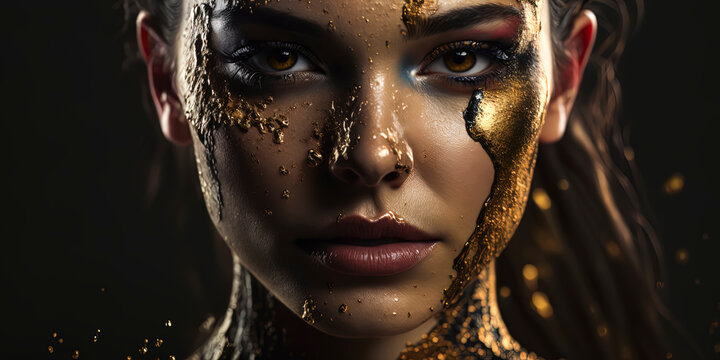 portrait pretty female model with golden paint covering her face 8k photographic style professional fashion portrait photography. AI-Generated