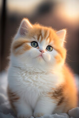 Cute baby cat in the snow with sunset in the background. AI-Generated
