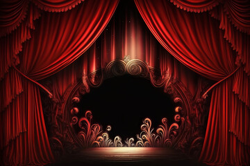 Magic theater stage red curtains Show Spotlight.  Generative AI