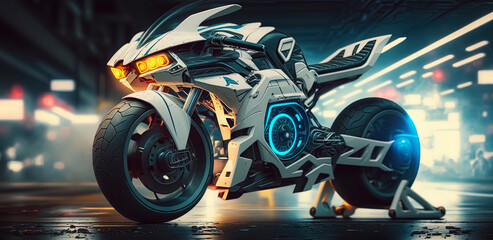 white and blue futuristic sports bike. AI-Generated