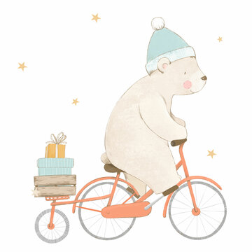 Beautiful baby stock illustration with cute watercolor hand drawn white bear animal on red bike. Stock clip art.