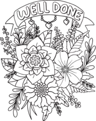 Kussenhoes Well Done font with flower element for Valentine's day or Love Cards. Hand drawn with inspiration word. Coloring for adult and kids. Vector Illustration.  © Kapom