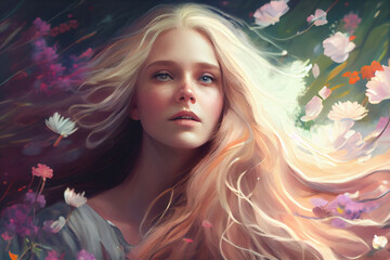 woman with blonde hair with spring flowers blowing through her hair, illustration, fictional woman, ai generated