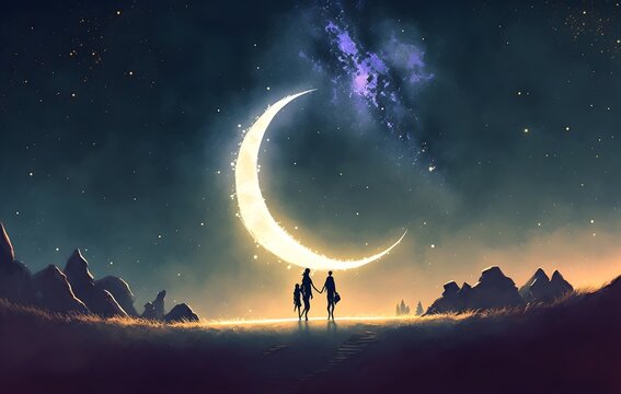 night scenery showing a brother and sister holding hands walking above the sky with the crescent in the starry night, digital art style, illustration painting, Generative AI