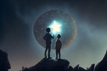 two brothers looking at a big little star, Generative AI