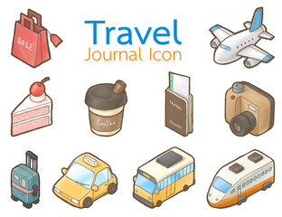 Travel Journal Icon, a digital painting of airplane, shopping bag, strawberry cake, coffee cup, passport book, film camera, luggage, taxi, bus and high speed rail in isometric raster 3D illustration