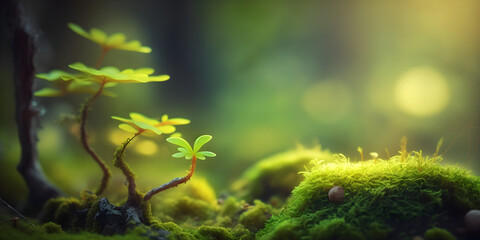 Fototapeta premium Enchanting Forest Scene: Vibrant Green Moss in a Clearing with Bokeh and Short Depth of Field