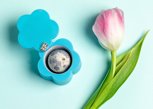 Blue jewelry box as flower with quail egg, pink tulip on pastel light blue. Creative Easter image.