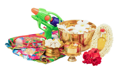 Songkran day, what equipment must be Floral shirts and more on transparent background.