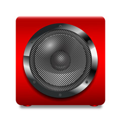 Realistic metallic  red speaker isolated on white background. Vector illustration