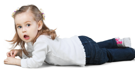 Cute little girl lying isolated on white background
