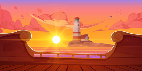 Sea sunset landscape with lighthouse on island, ship deck view. Cartoon vector background with house on rocky coast in ocean. Beacon building on harbor seascape at orange sunrise, evening or morning