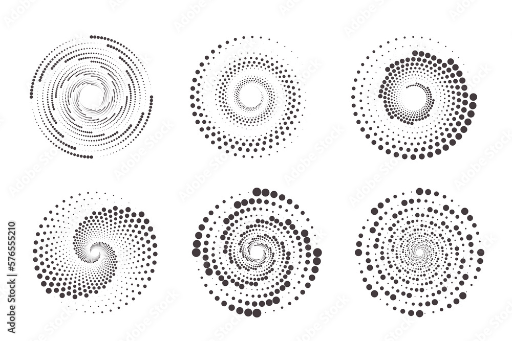 Poster dotted circles pattern. abstract half tone graphic set. circular textured round spiral frames. vecto