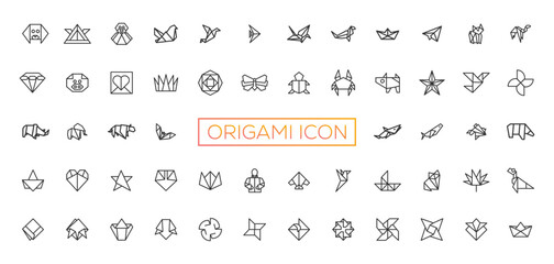 Origami, animals folded from paper thin line icons: penguin, camel, fox, bear, fish, mouse, bird, elephant, kangaroo, hare, seal, raccoon. Modern vector illustration