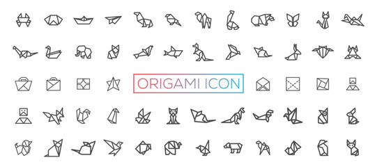 Origami, animals folded from paper thin line icons: penguin, camel, fox, bear, fish, mouse, bird, elephant, kangaroo, hare, seal, raccoon. Modern vector illustration