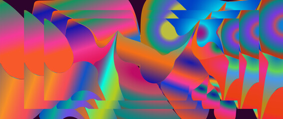 Vector gradient glitch digital art fluid shapes cyberspace pattern. Glowing chaotic tech backdrop. Vivid bright electric colors horizontal composition. Virtual reality vibrant colorful design template